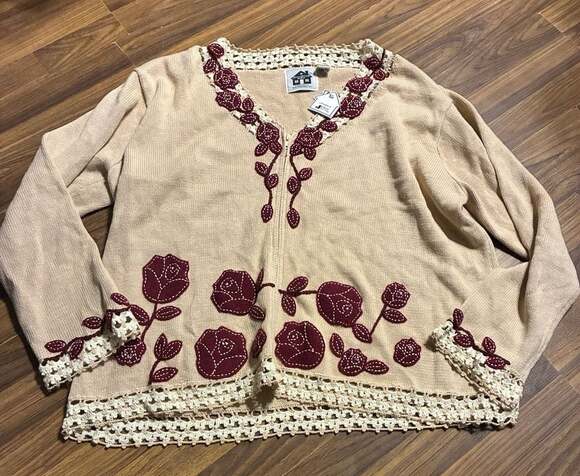 Storybook Knits Sweaters - Storybook Knits Beige Cardigan with Maroon Floral Applique and Crochet Trim